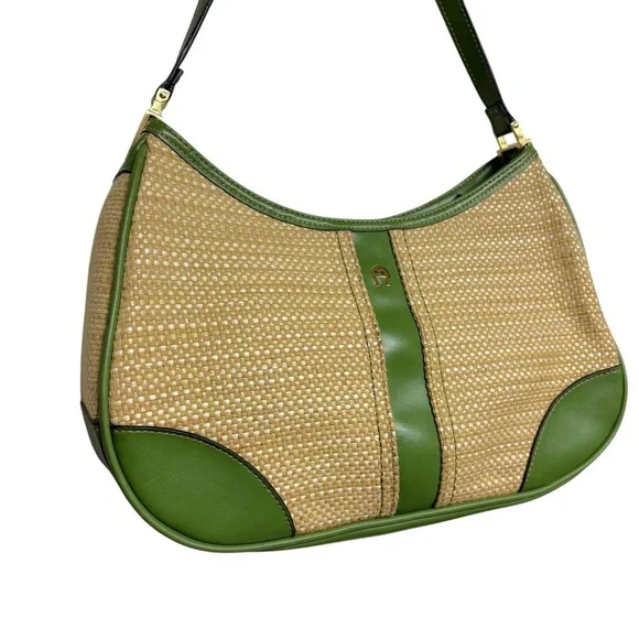 Etienne Aigner Y2k Green & Tan Woven Shoulder Bag - Picture 3 of 7